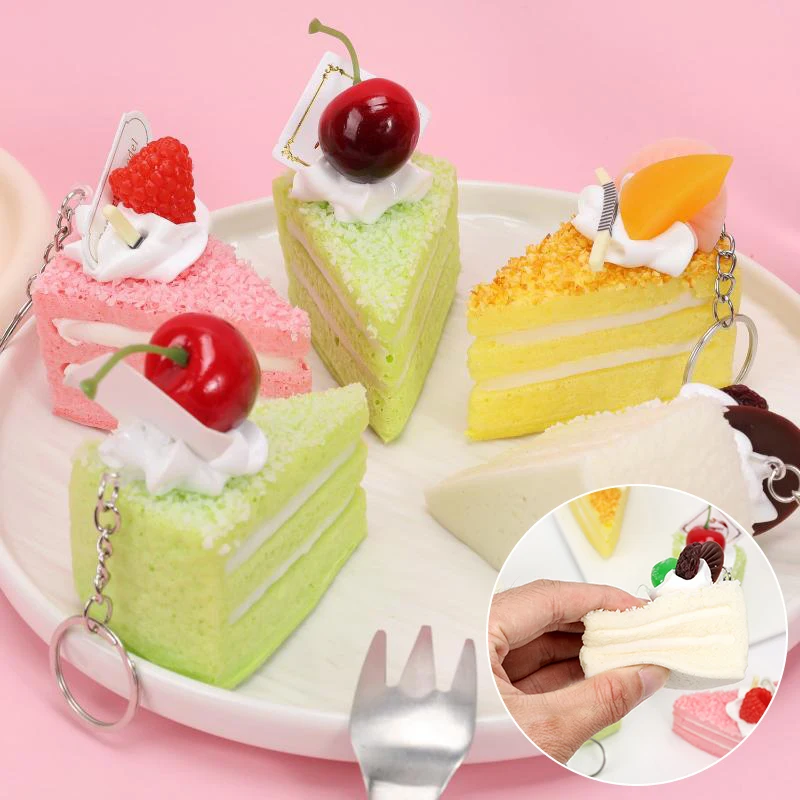 Artificial French Fruit Cake Triangle Cake Dessert Model Pendant PU Slow Rebound Fake Food Keychain Simulation Decoration Decor