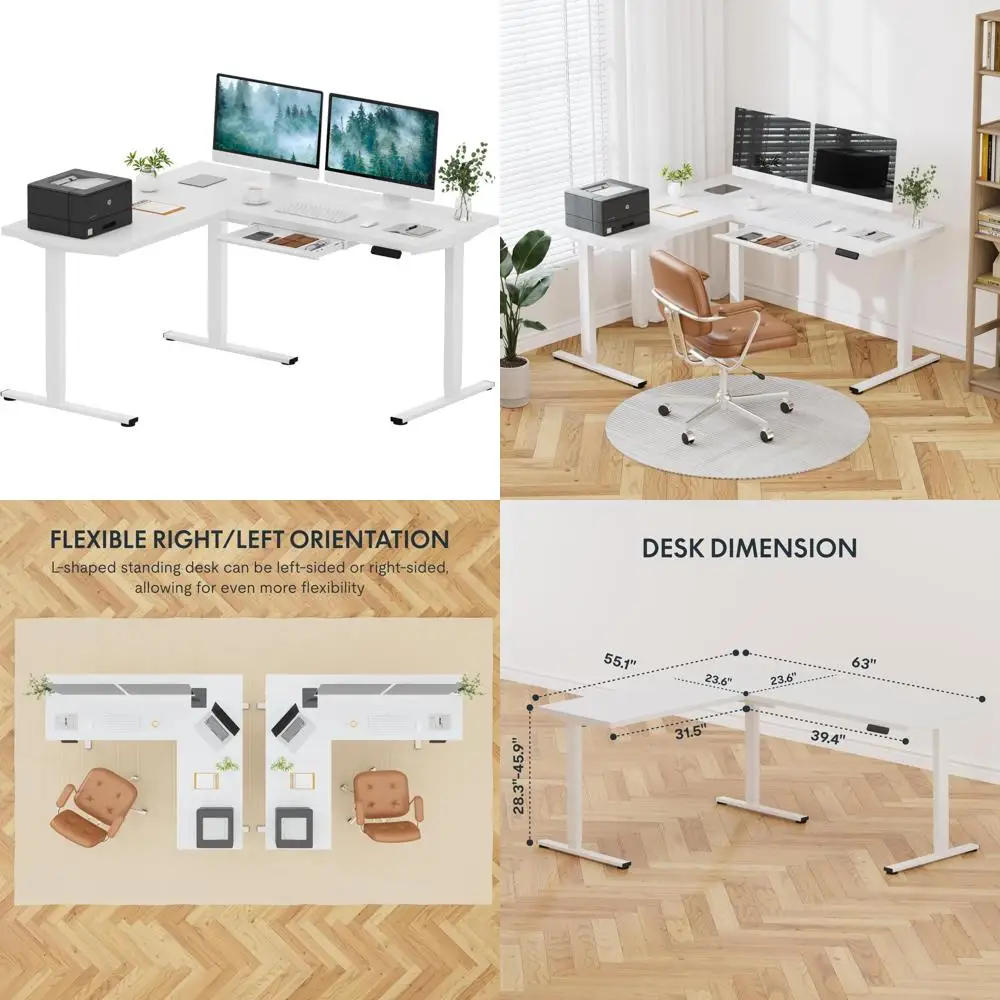 Ergonomic Corner Electric Standing Desk, 63 Inch Adjustable Height with Storage Drawer, L-Shaped Desk for Sit-Stand Workstations