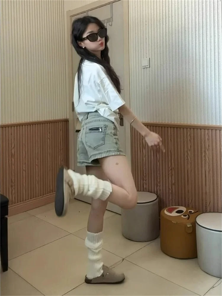 Americano retro luz wa cintura alta denim orts feminino 2025 outono novo tamanho pequeno doce picante envoltório em torno de uma linha calças quentes