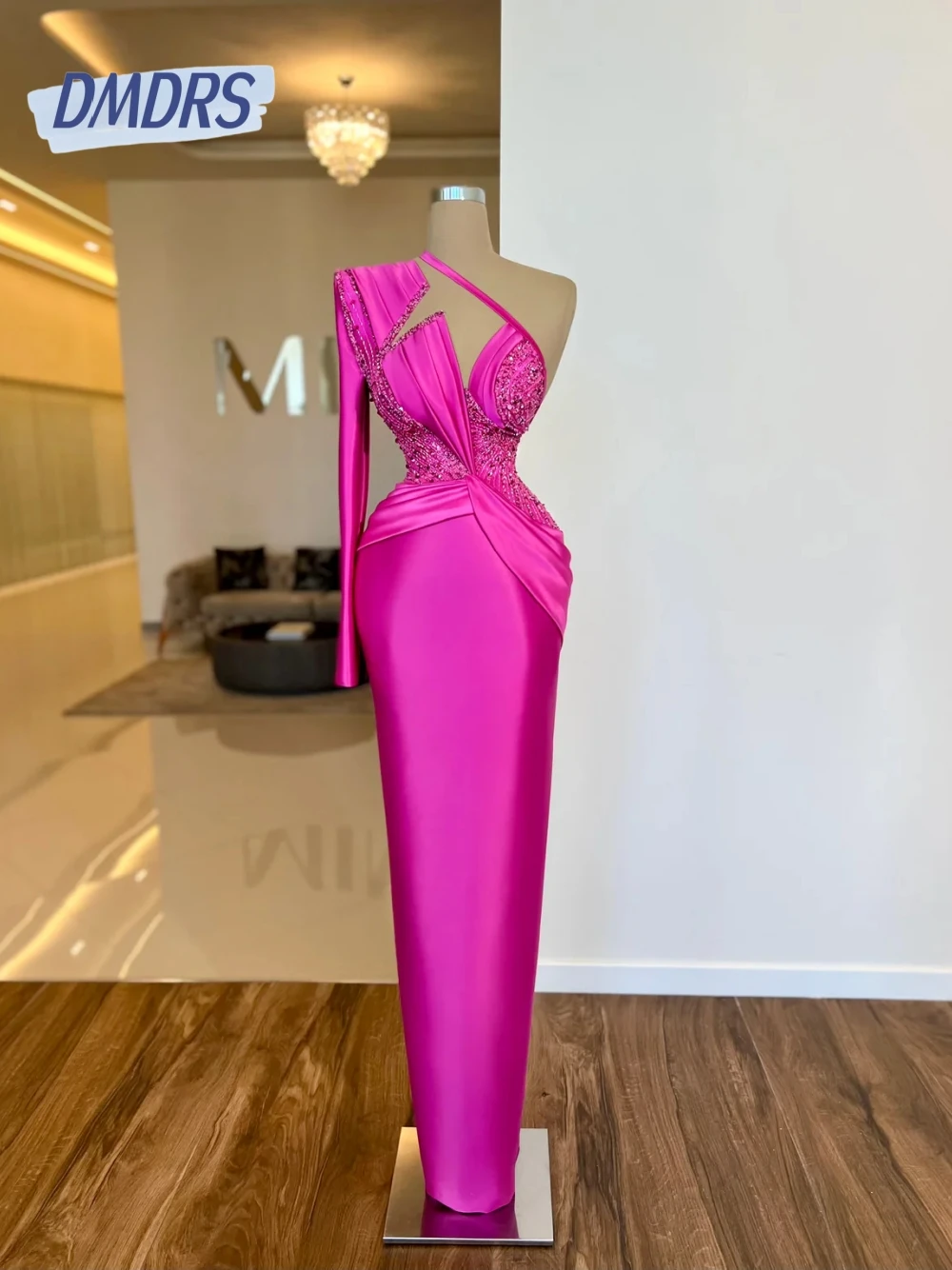 

Fuchsia Satin Straight Evening Dress Delicate One Shoulder Beaded Women Wear Newest Customized Dazzling Formal Prom Gown
