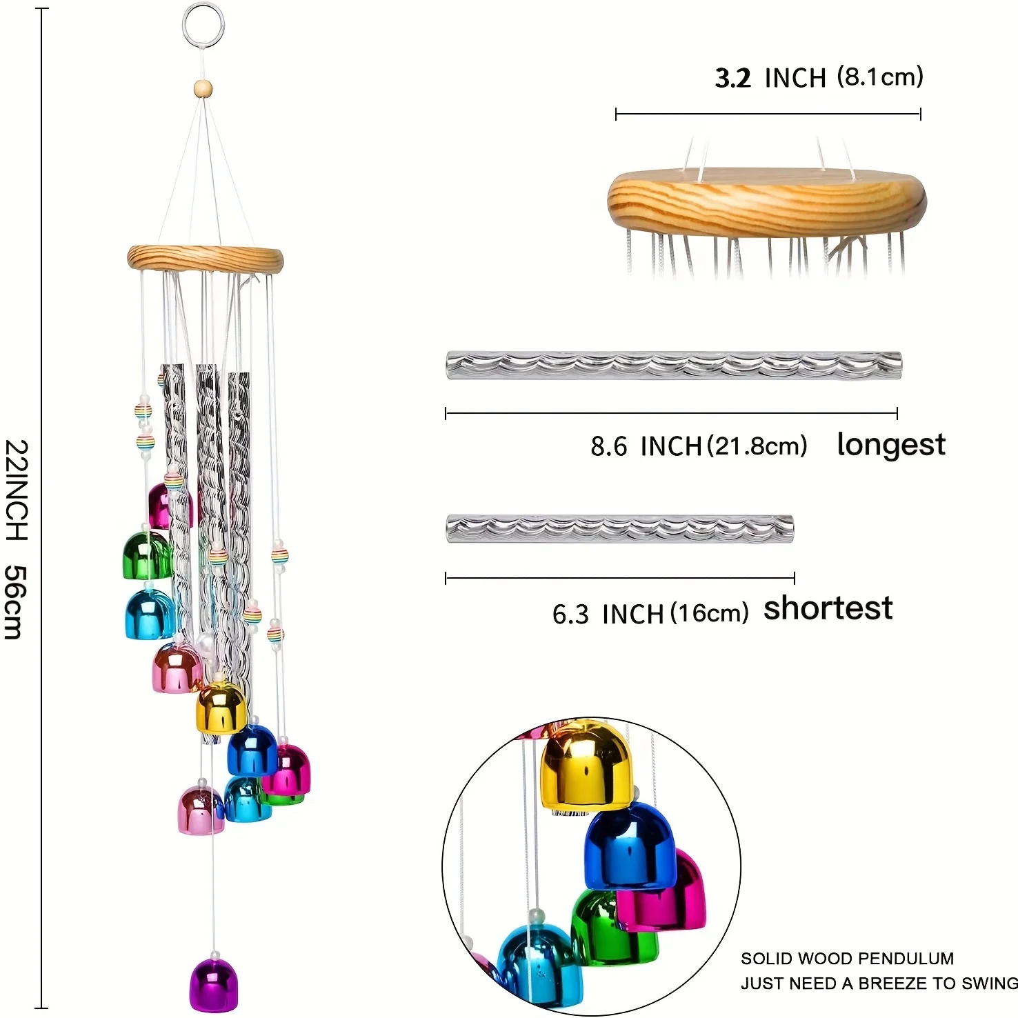 A Set of Multicolored Outdoor Wind Chimes with 4 Aluminum Tubes and 11 Bells for Home Garden Decoration