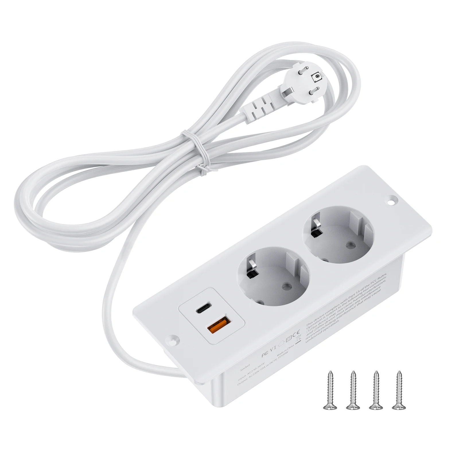 EU Table Recessed Sockets 1 USB-A and 1 Type-C Built in Desktop Hidden Power Outlet with 2M Extension Cord For Office kitchen