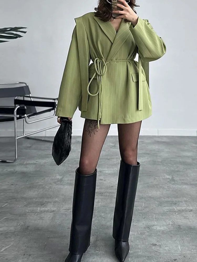 2025 ropa de calle elegante, chaqueta de traje con solapa a rayas Vintage para mujer, chaquetas elegantes holgadas con cinturón ceñido en la cintura, abrigo a medida para mujer