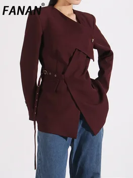 FANAN Unregelmäßiges Design Gürtel Geraffte Taille Blazer frauen V-ausschnitt Langarm Gespleißt Jacken Flut 2025, Frühjahr Neue Mode Mäntel