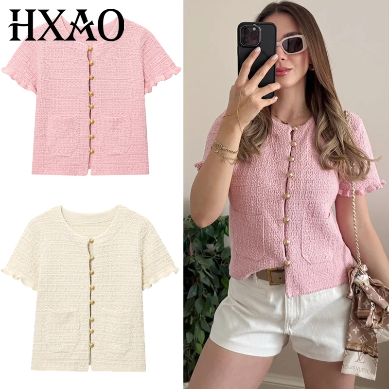 HXAO cárdigan de punto corto para mujer, prendas de punto de verano 2025, suéter para mujer, cárdigan Bolero de manga corta con cuello redondo rosa y blanco para mujer