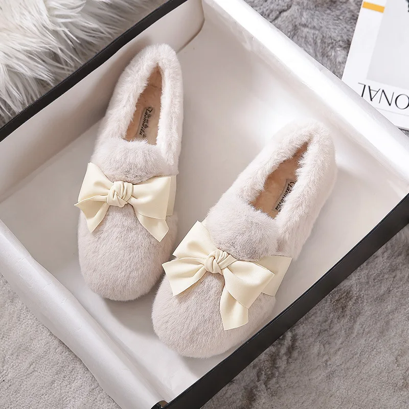 Woolen Shoes for Women to Wear Out in Autumn and Winter Thick Soled Cotton Shoes Plush Flats Bean Shoes Lazy Loafers