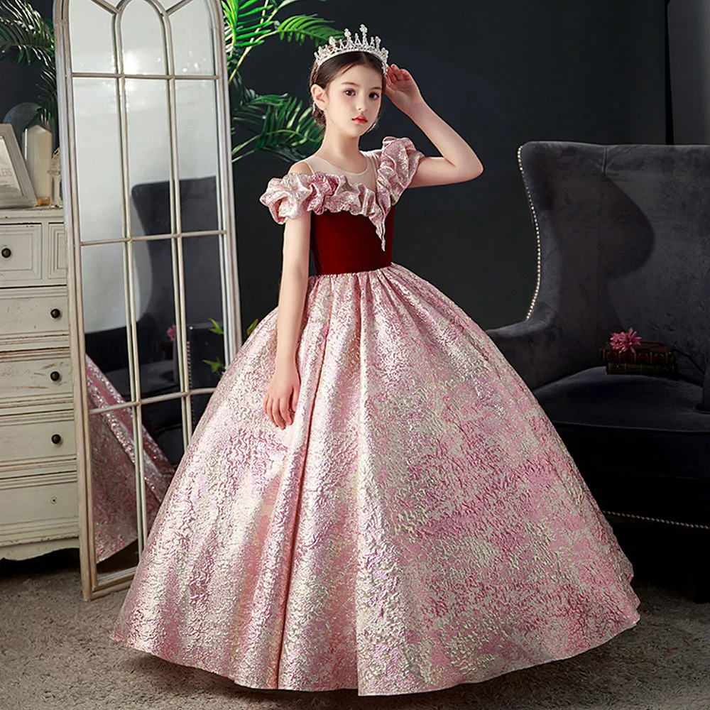 Top Rank Court Style Long Tail Princess Flower Girl Wedding Birthday Party Dresses For Teenager Kids Prom Floor Length Designs