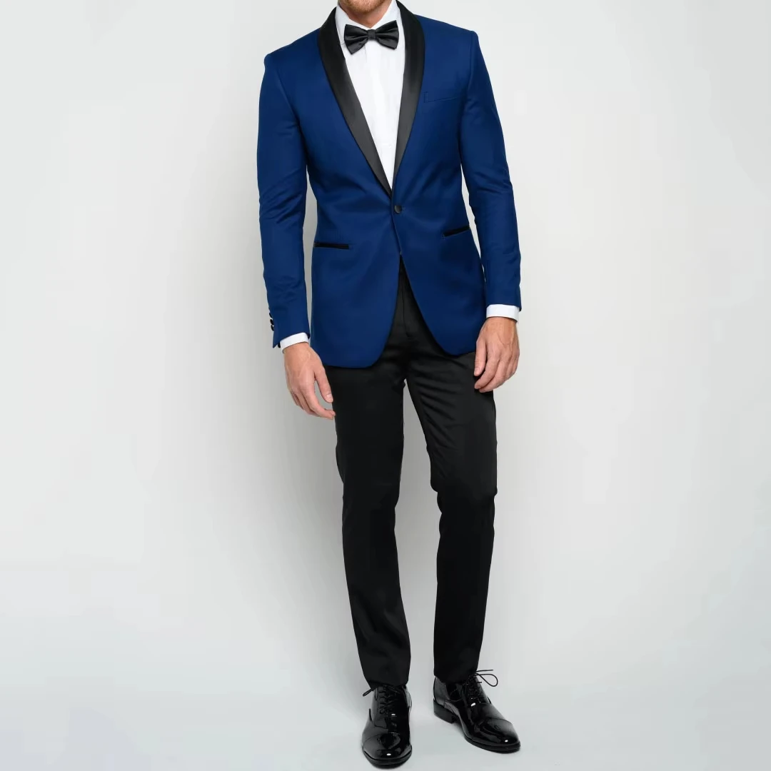 

Men Suit 2 Pieces Blau With Black Bright Lapel Single Button For Wedding Banquet Party Prom Business Work Jacket With Pants