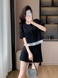 Chinese Style Elegant Summer Girl Black Jacket 2 Piece Set Chic Single Breasted Short Coat + A Line Mini Skirt Suit For Women