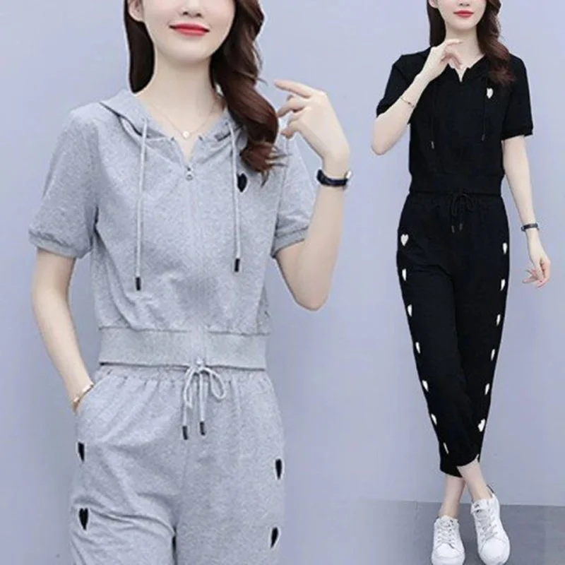 

Fashionable Short Hooded Sporty Casual Wear Set Slimming Two-Piece Suit for Summer Big Size plus MM Age-Defying