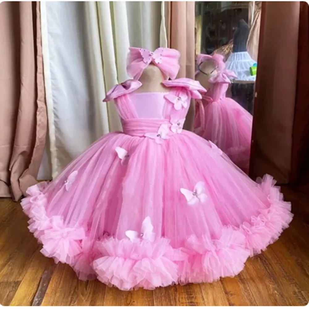 الكرة ثوب مخصص زهرة فتاة فساتين طبقات تول ثلاثية الأبعاد الفراشات الأميرة فساتين عيد ميلاد أول مناولة فستان