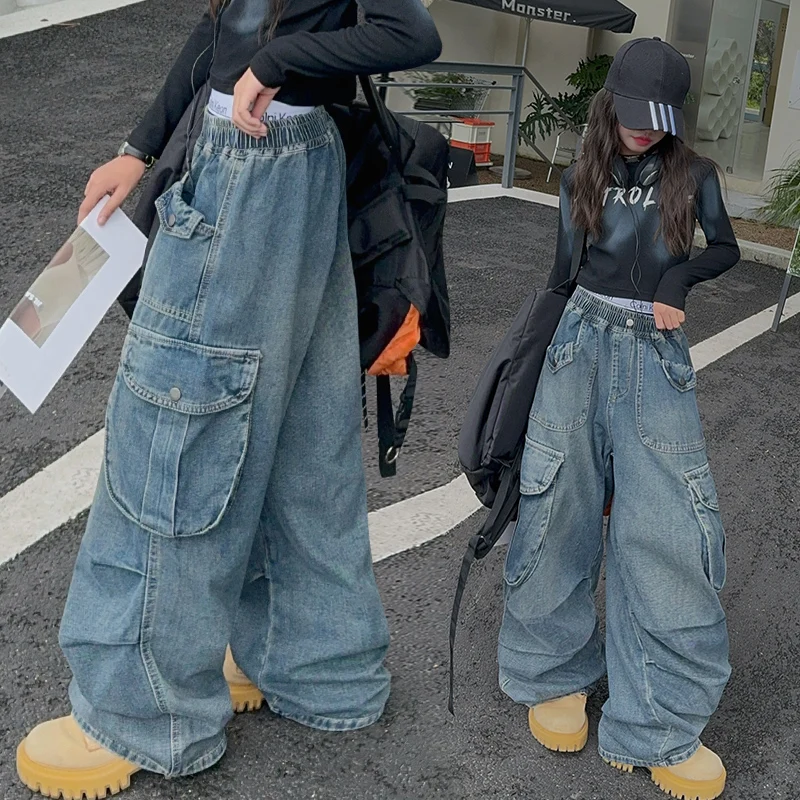 

Children Autumn Cargo Jeans With Side Pocket For Girls Fashion Design Cargo Trousers Spring Kids Teenage Streetwear Denim Pants