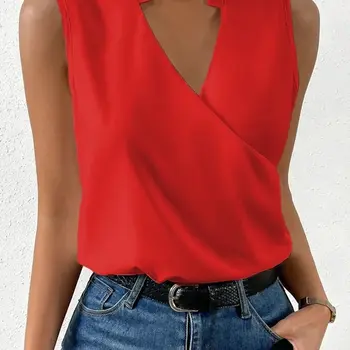 V넥 민소매 여성 상의 및 블라우스, 2024 여름 캐주얼 화이트 탱크 탑, 여성 셔츠, 오피스 여성 셔츠, 패션 