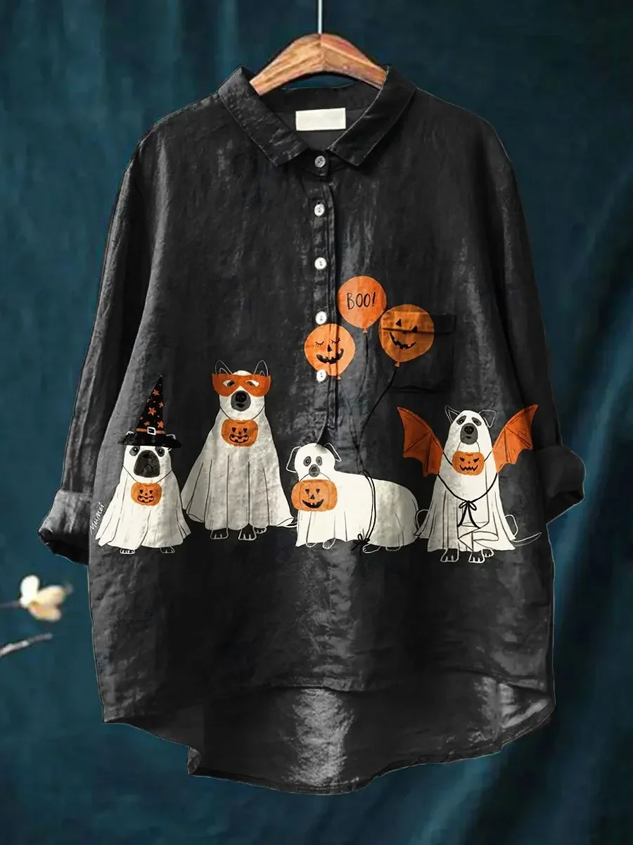 Camisa de lino informal hermosa de nueva moda, estampado de fantasma de Halloween, vintage, camisa de mujer