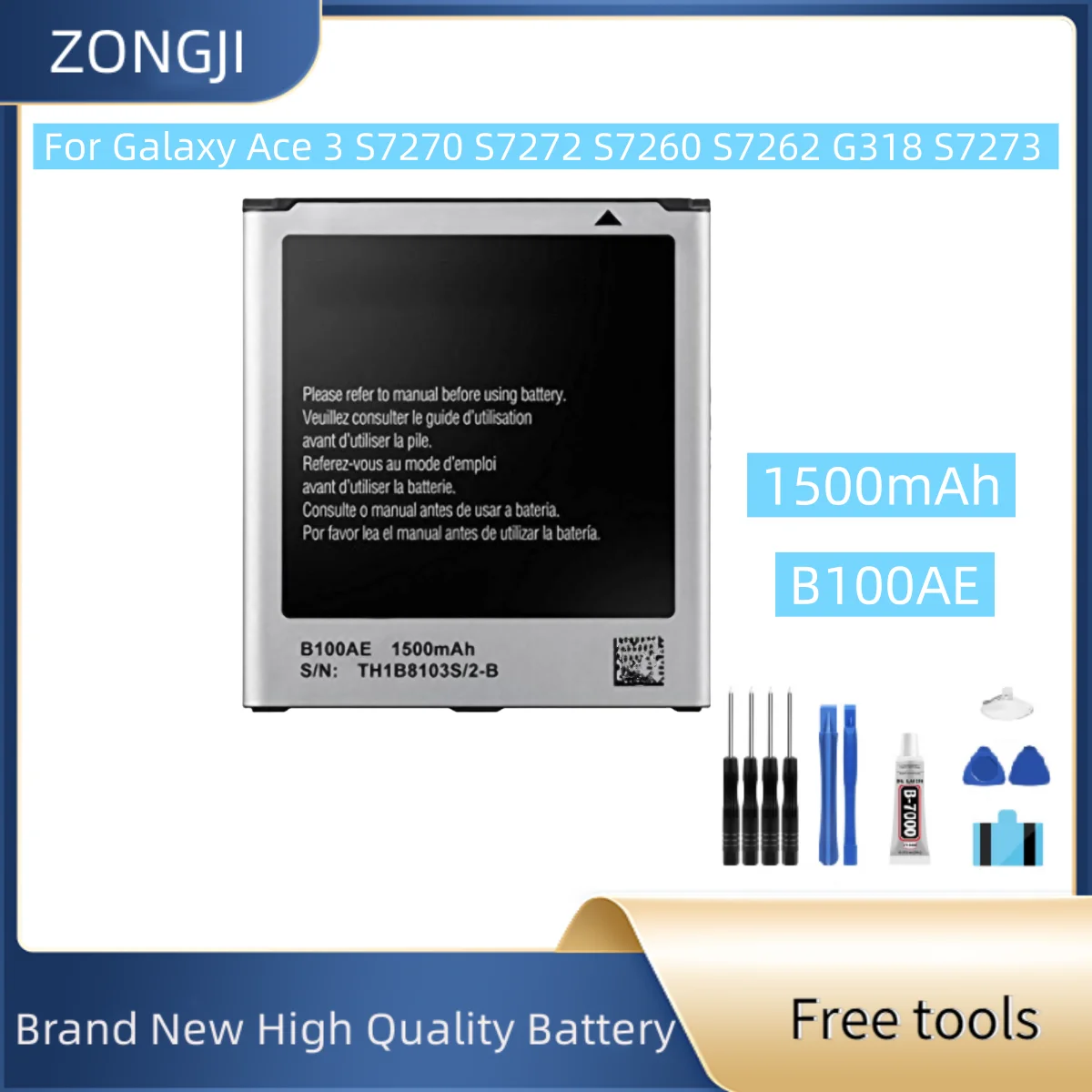 Новый аккумулятор 1500 мАч B100AE B100AC для Galaxy Ace 3 S7270 S7272 S7260 S7262 G318 S7273 Аккумуляторы для мобильных телефонов + бесплатные инструменты