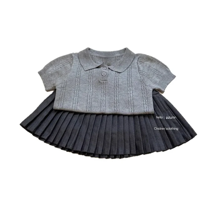 

College Style Girls' Clothing2025New Summer Girl Baby Knitted Short SleevepoloChildren's Pleated Skirt Set