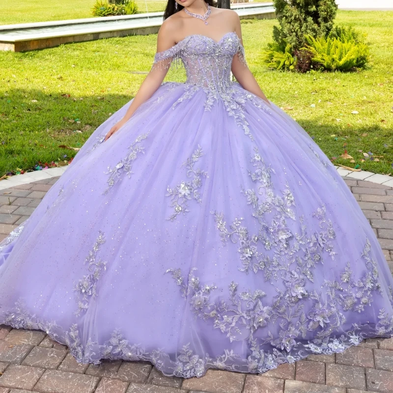 

Lavender Ball Gown Quinceanera Dresses Lace Up Off the Shoulder Applique Lace Beads Tull Corset Vestidos 15 De Anos Sweet 16