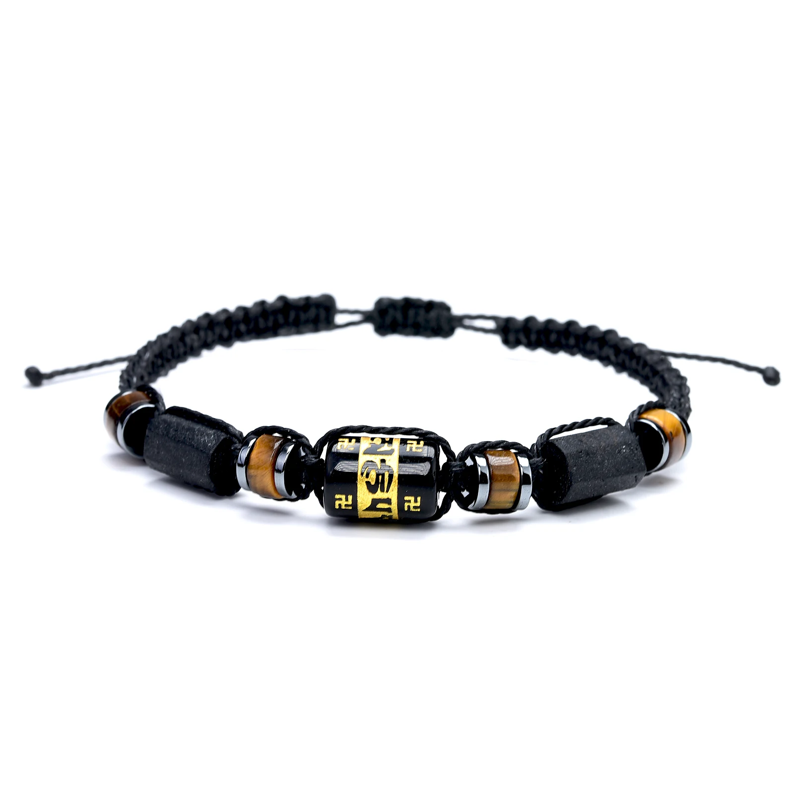 Tibetan Protection OM Bracelets for Men Natural Black Tourmaline Raw Stone Braided Bracelet Tiger Eye Stone Mani Padme Hun