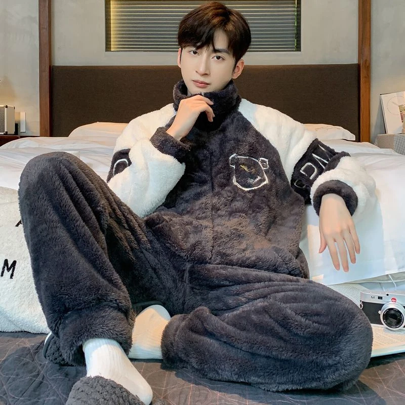 Pyjamas Wintertime Intensification Brushed Coral Plush Male Adolescent Zipper Loungewear Round Neck Set Pijamas for Men