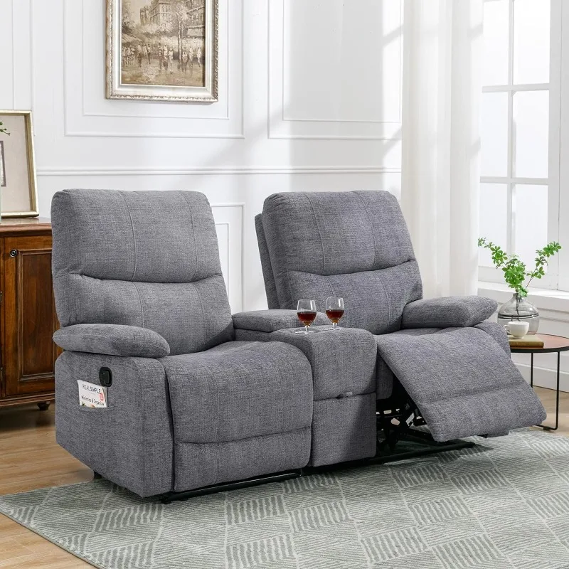 

B Double Reclining Loveseat - Fabric Home Theater Seating with Console - 2 Seater Manual Reclining Couch for Living Room