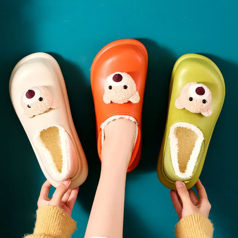 Women Winter Slippers Waterproof Slides Thick Platform Non-Slip Comfortable Home Cotton Shoes Couple Cartoon Bear Casual Shoes
