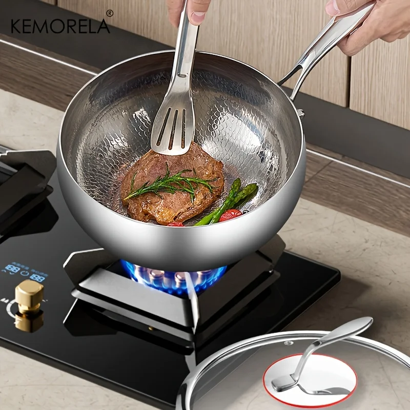 3-Layer Stainless Steel Wok Pan Extra-Thick With and Without Lid Hammered Finish That Serves as a Deep Fryer Stir-Fry Pan Soup