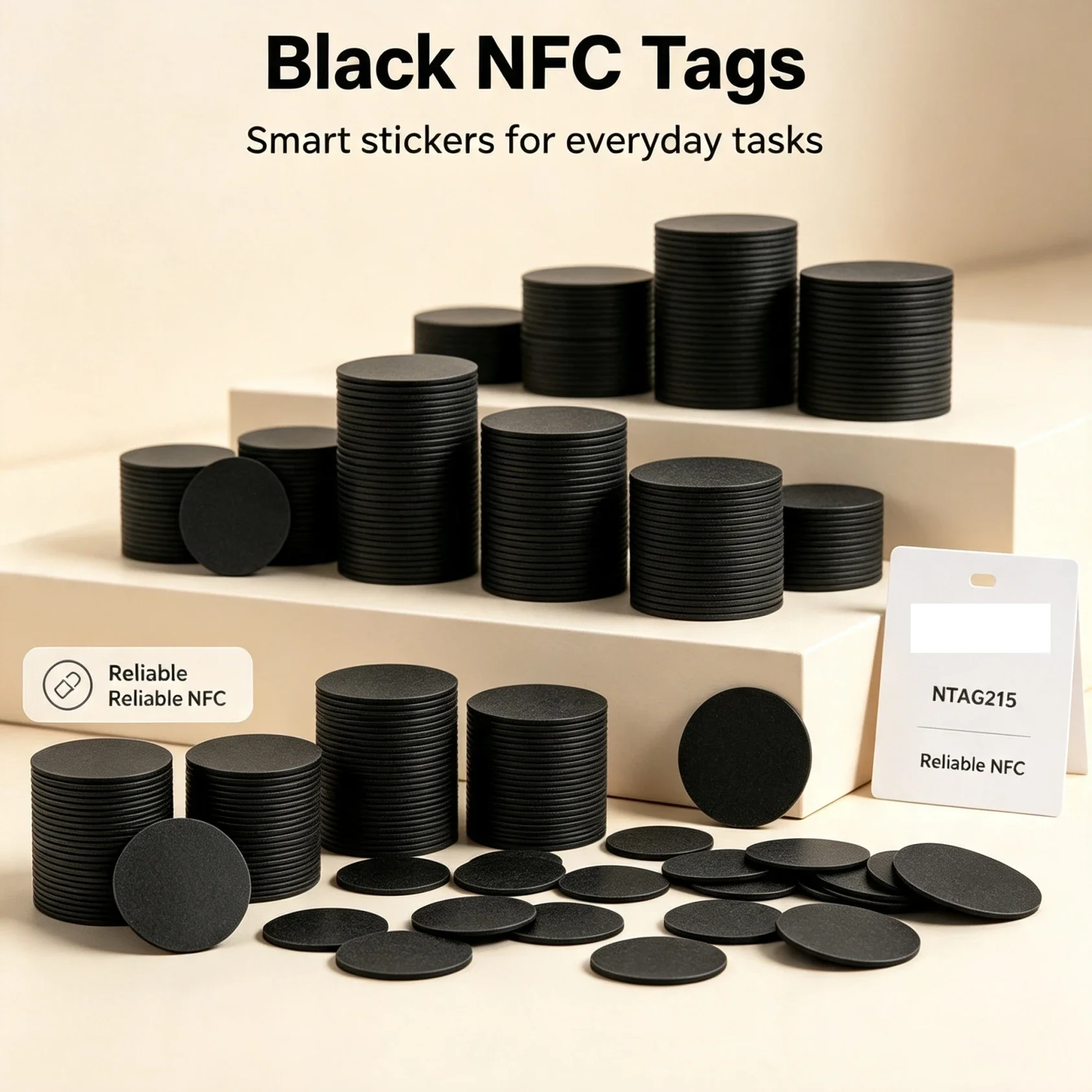 25mm NFC Tags NTAG215 Waterproof Round PVC NFC Cards Black White 504 Bytes Rewritable NFC Tag for Smart Home Automation