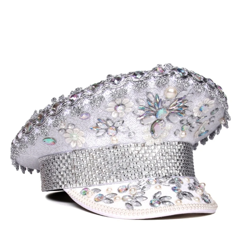 Bejeweled Crystal Captain Hat Women Men Sparkling Diamond Studded Sequins Pearl Beret Sailor Hat for Music Festival Party Props