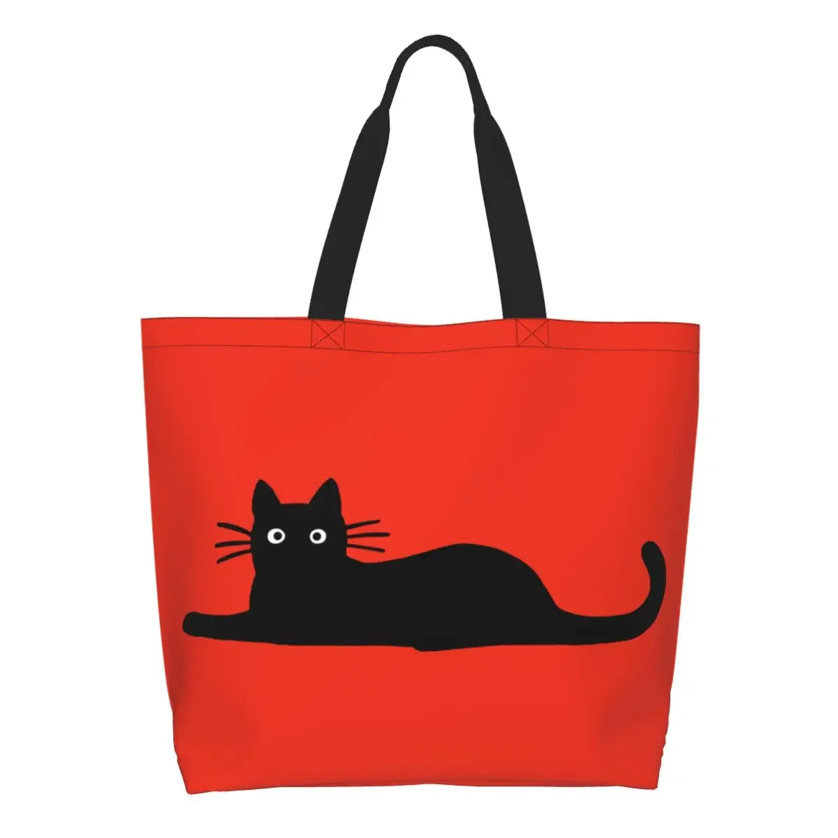 Bolso de compras de lona con estampado Kawaii, bolsa de hombro de gran capacidad, portátil, dibujos animados divertidos, Gato Negro