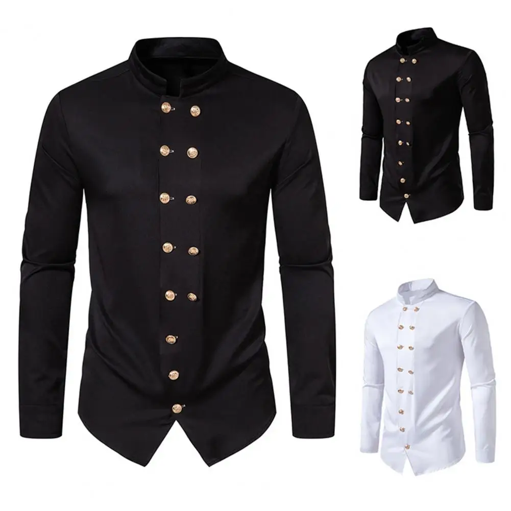 

Men Shirt Classic Double-breasted Men Vintage Shirt Royal Style Slim Fit Soft Breathable Fabric Formal Stand Collar Men Tops