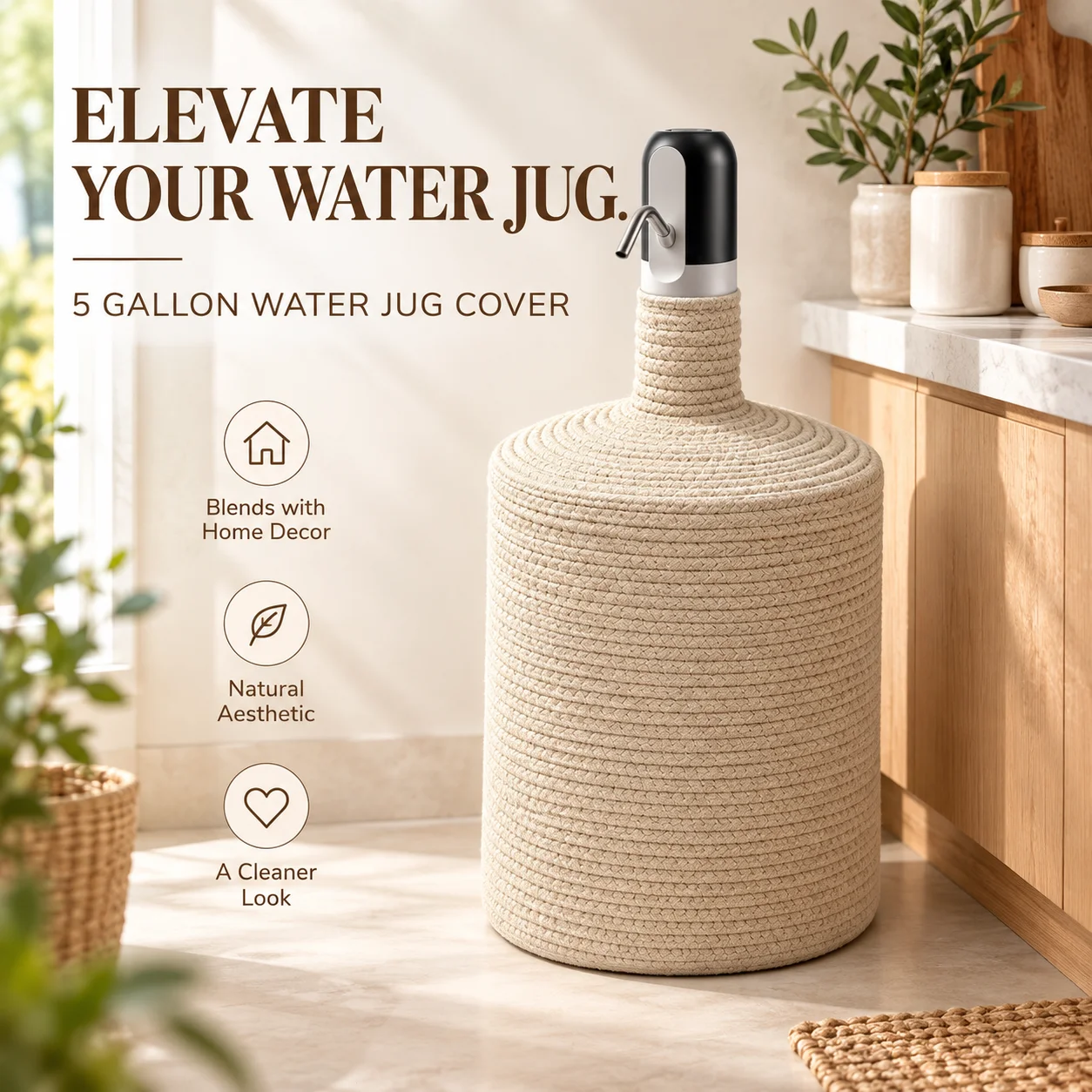 5 Gallon19L Water Jug Cover Woven Cotton Rope Water Bottle Cover Decorative Water Dispenser Cover for Kitchen Living Room Office