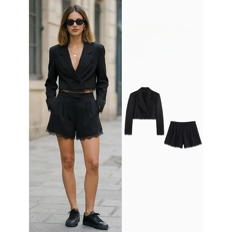 

FANAN Women Fashion 2 Piece Set Black Single Button Blazer & Vintage Front Zipper Mini Shorts Female Chic Lady Shorts Sets