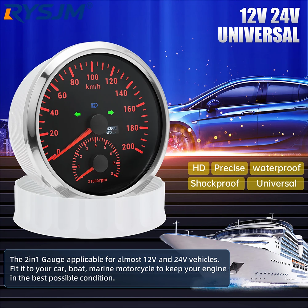 110mm GPS Speedometer 200KMH 0-8000RPM Tachometer 2 IN 1 Digital Gauge With Turn Singal Light Overspeed Alarm For Car Boat