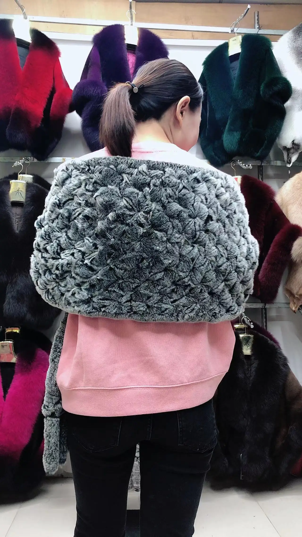 190*36cm Winter Gestrickte Echt Rex Kaninchen Fell Schal mit Tasche Breite Frauen Natürliche Kaninchen Fell Quaste Schal warm Langen Fell Schals – Detail 9