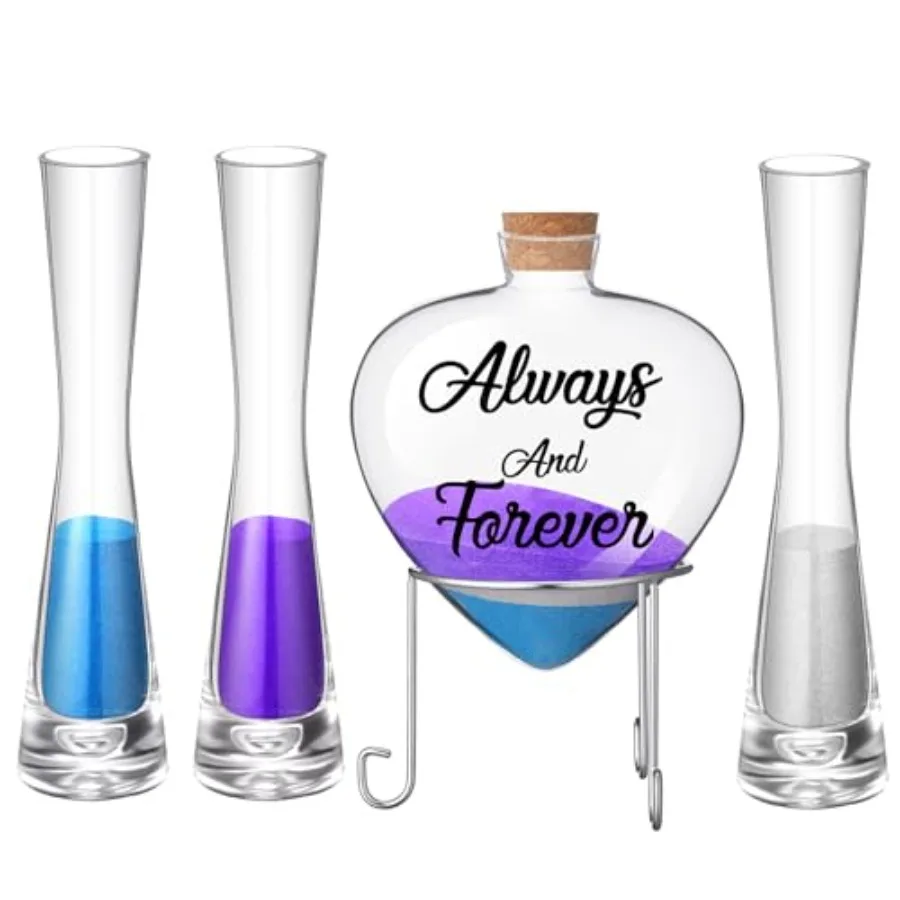 

Набор для свадебной церемонии из 7 предметов: 1 бутылка в форме сердца, 3 вазы для свадебной церемонии, 3 емкости для песка с металлическими подставками и пробковыми заглушками.