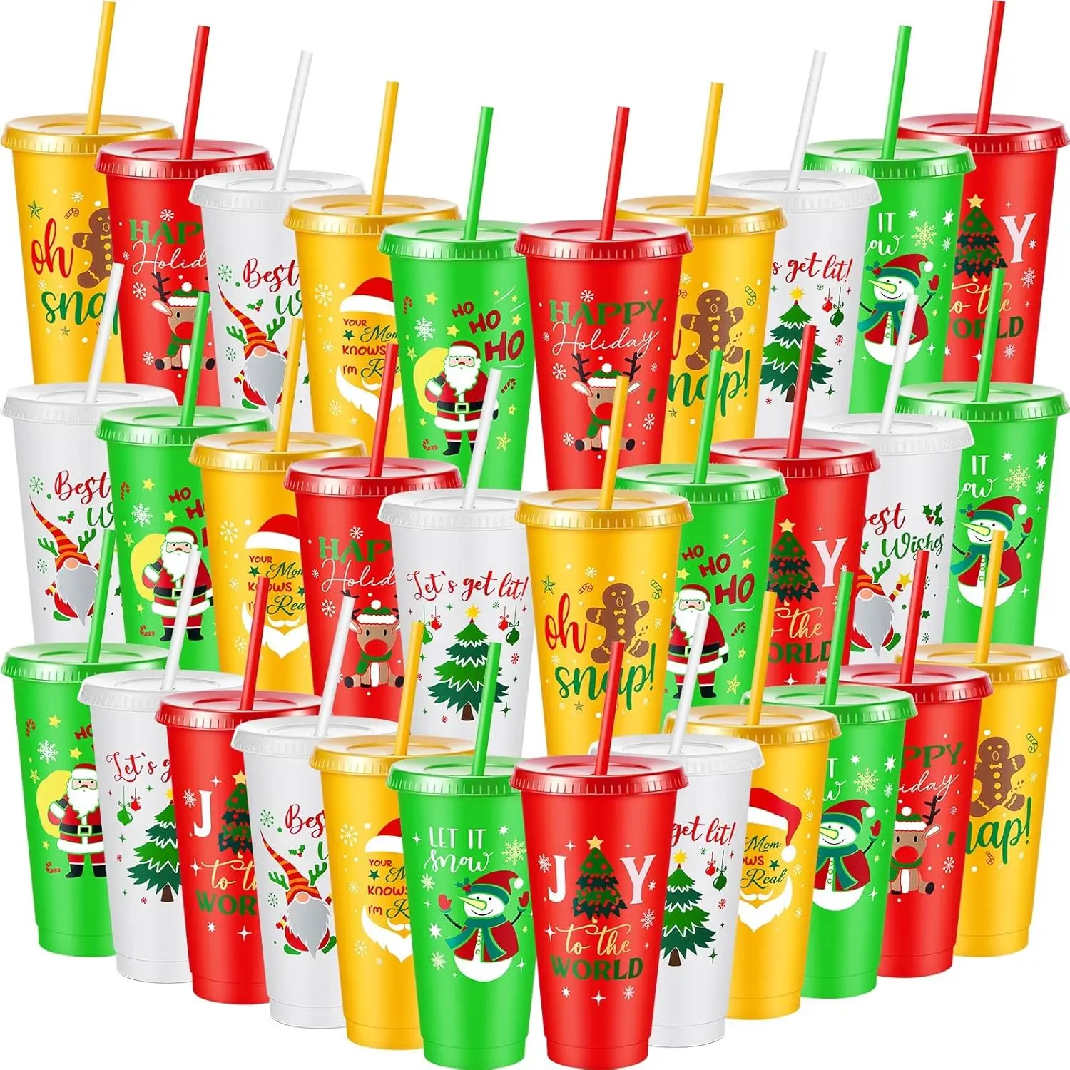 

32 Pcs Plastic Tumbler Bulk with Lids and Straws - 24 oz Reusable Christmas Party Cups for Kids