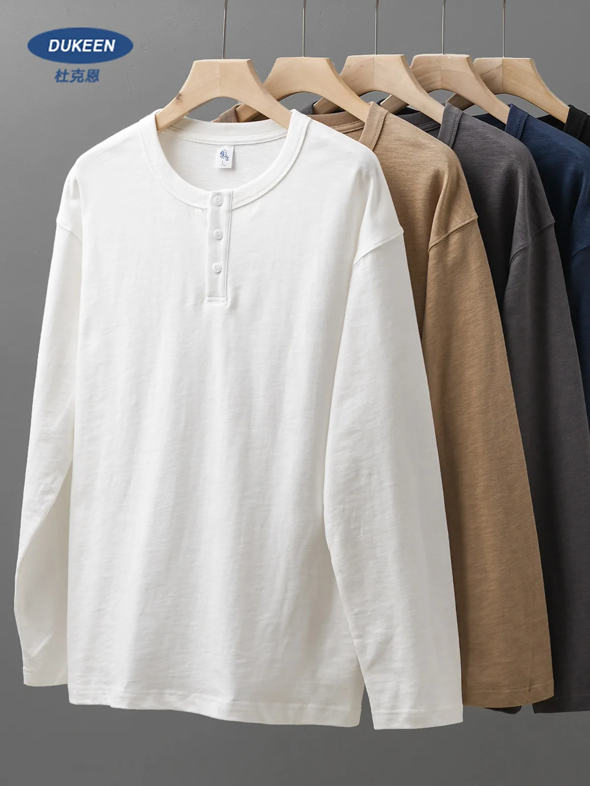 Dukeen 320G Heavyweight 100% Cotton Henley Neck T Shirt for Men Long-Sleeved Spring Autumn Casual Tops Solid Color Undershirts