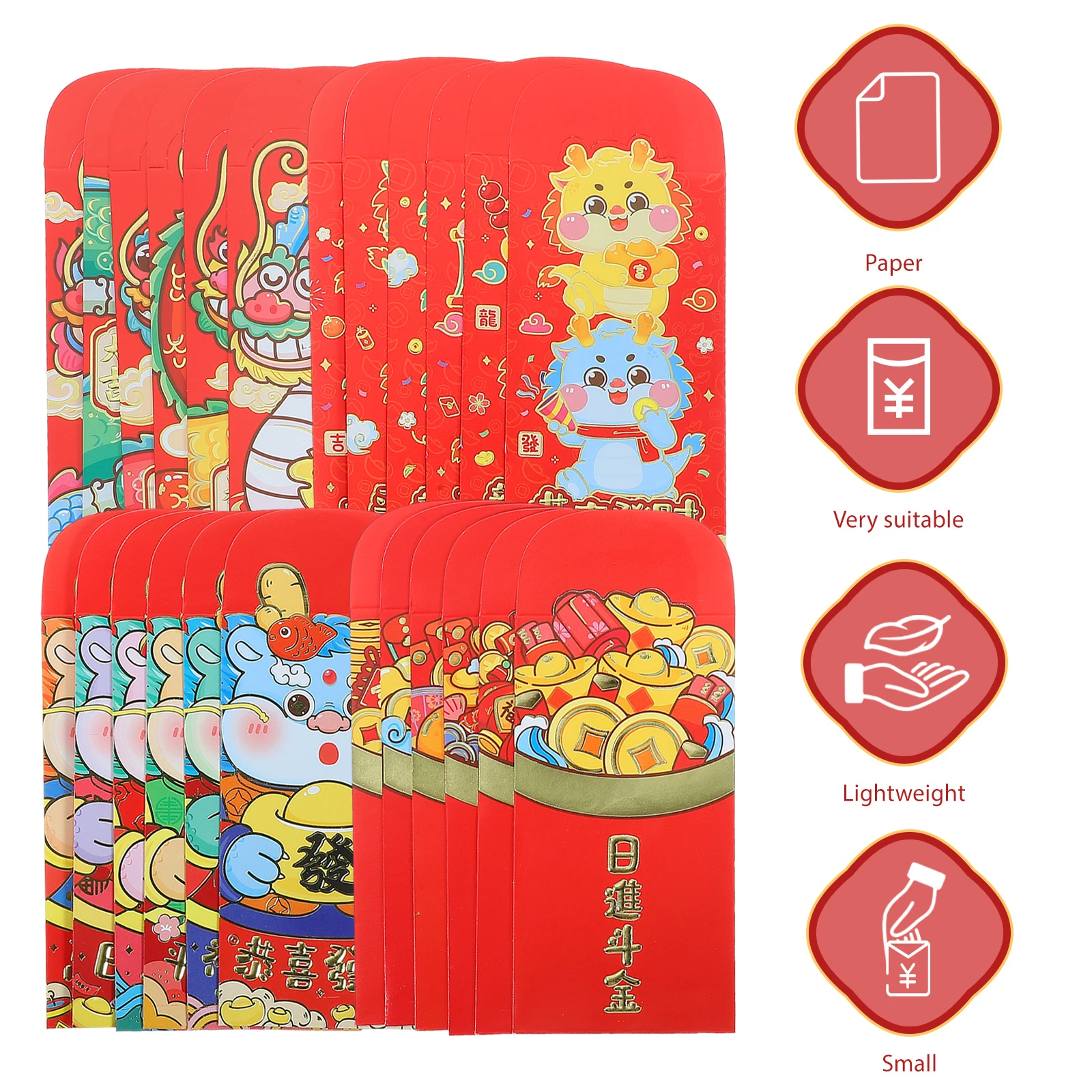 

24 Pcs Red Envelopes Lucky Paper Bags for Chinese New Year Dragon Theme 2024 Spring Festival Gift Ideas Money Pouch