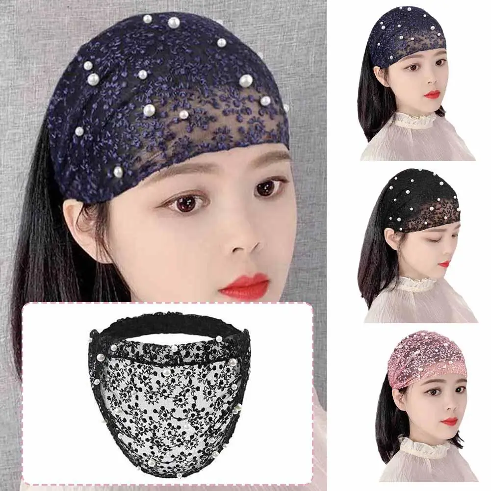 Fascia a tesa larga da donna di moda con decorazione di perle fascia per capelli con turbante accessori per capelli pizzo da allenamento traspirante