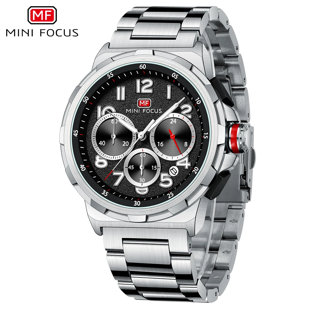 MINI FOCUS Formal Quartz Watch for Men Fashion Stainless Steel Waterproof Chronograph Quartz Wristwatch with Date Luminous Hands