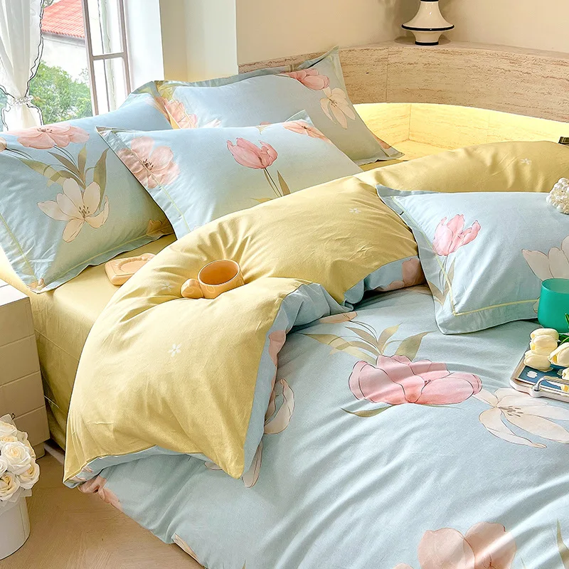 Customizable Spring and Summer New Thickened Printing Four-piece Set Wide Edge One-word Embroidery Bedding Kit