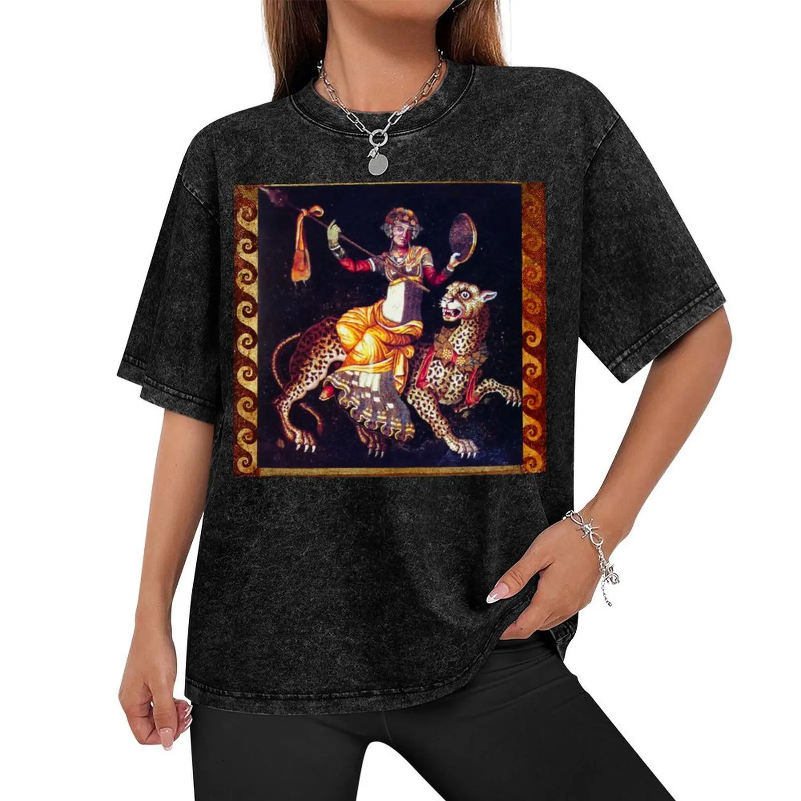 DIONYSOS WITH A SPEAR RIDING A LEOPARD Antique Greek Mosaics T-Shirt cute clothes Men's cotton t-shirt