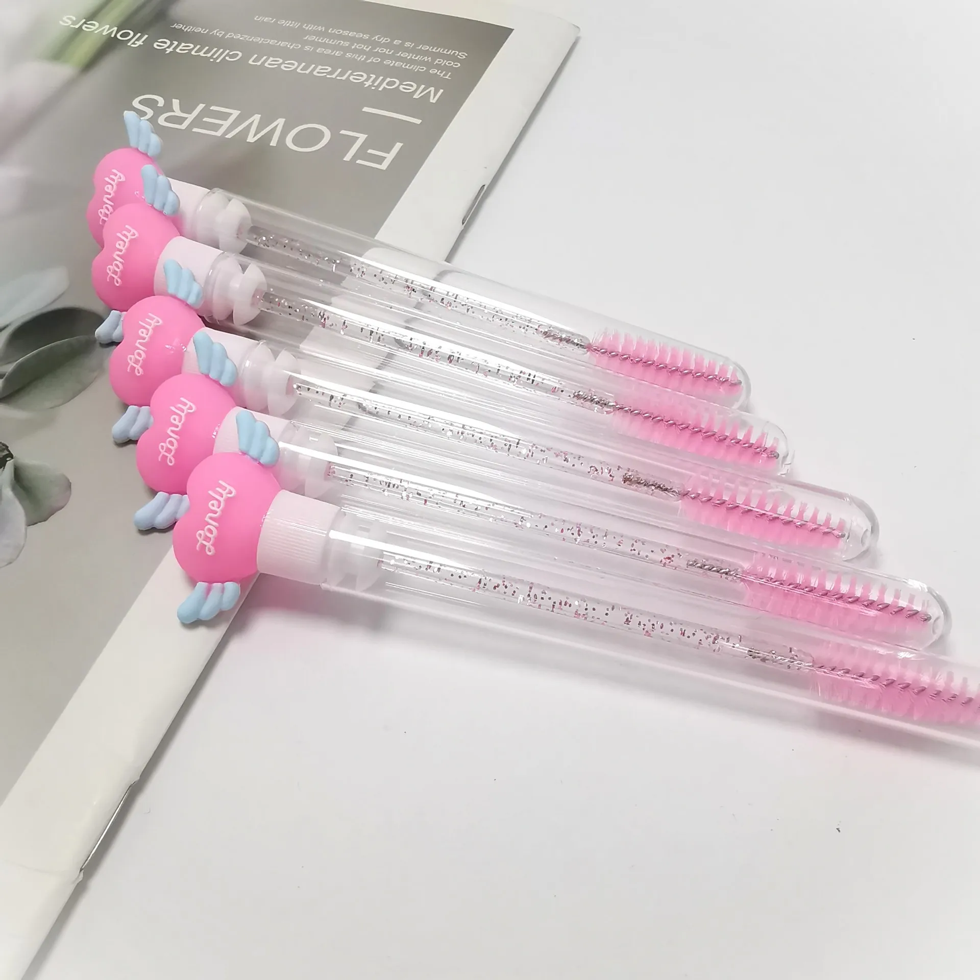 Wholesale Heart Shape Angel Wing Shape Model Eyelash Brush Tube Mascara Wand Lash Spoolies Tubes Eyelash Spoolie Brush with Tube