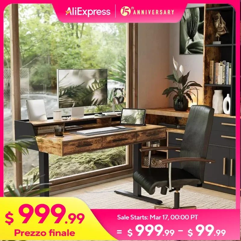 

Standing Desk with 3 Drawers, Height Adjustable, 48 x 26 Inches Whole-Piece Sit Electric Stand Up Desk with Storage for Home