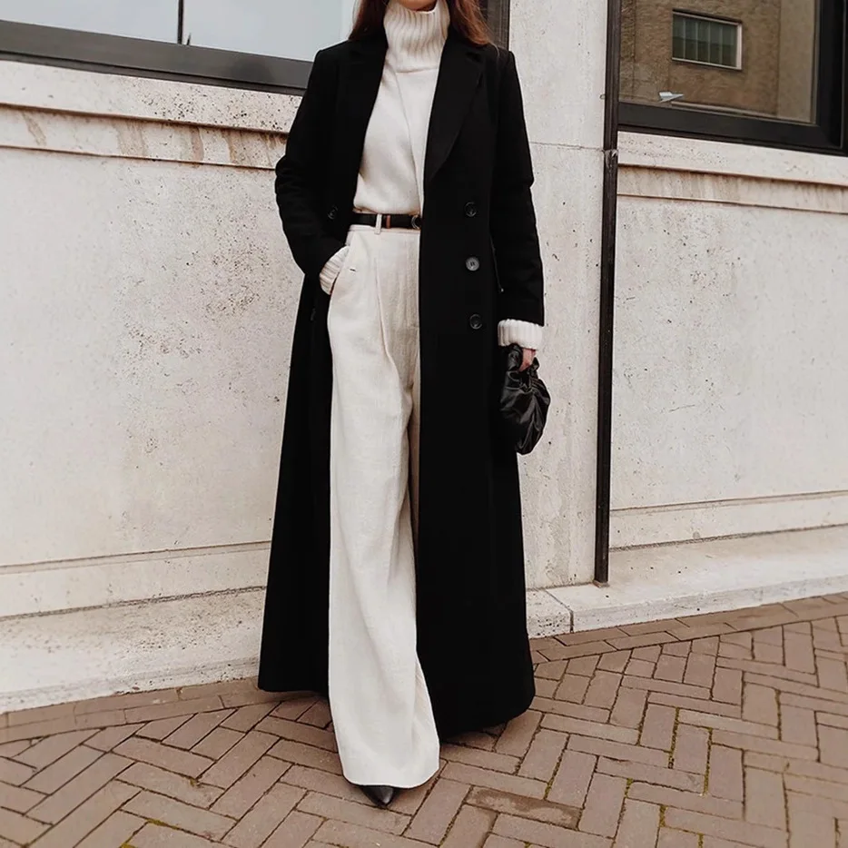 Caldo cappotto di lana Casual lungo colore puro Autunno Inverno da donna Faion Capispalla Materiale di seta V-Ne Cappotto stampato sottile