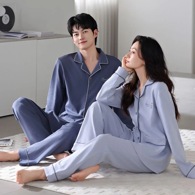

Осень 2025 года, пижамный комплект из 100% хлопка с длинными рукавами для пар, корейский свободный кардиган, одежда для сна, мужская домашняя одежда, домашняя одежда