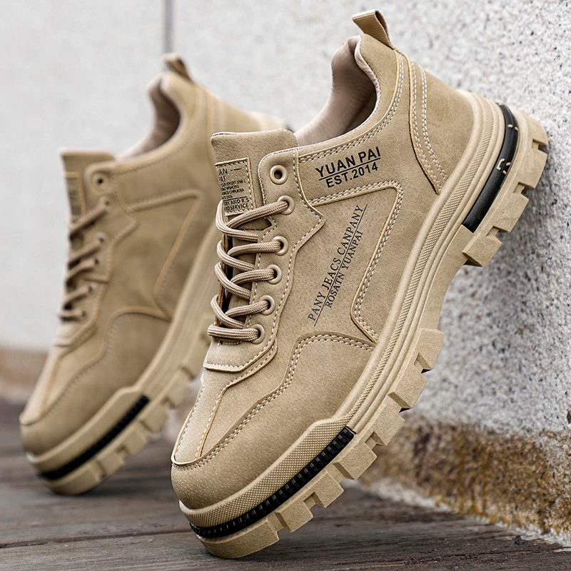 Men Suede Lace Up Chunky Work Sneakers, Non Slip Wear Resistant Outdoor Hiking Shoes For Daily Commute Camping Street Walking