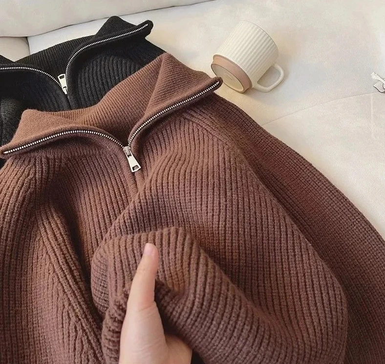 

Autumn New Korean Style Versatile Basics Half-zipper Loose Lapel Winter Long-sleeved Lazy Sweater Pullover Top