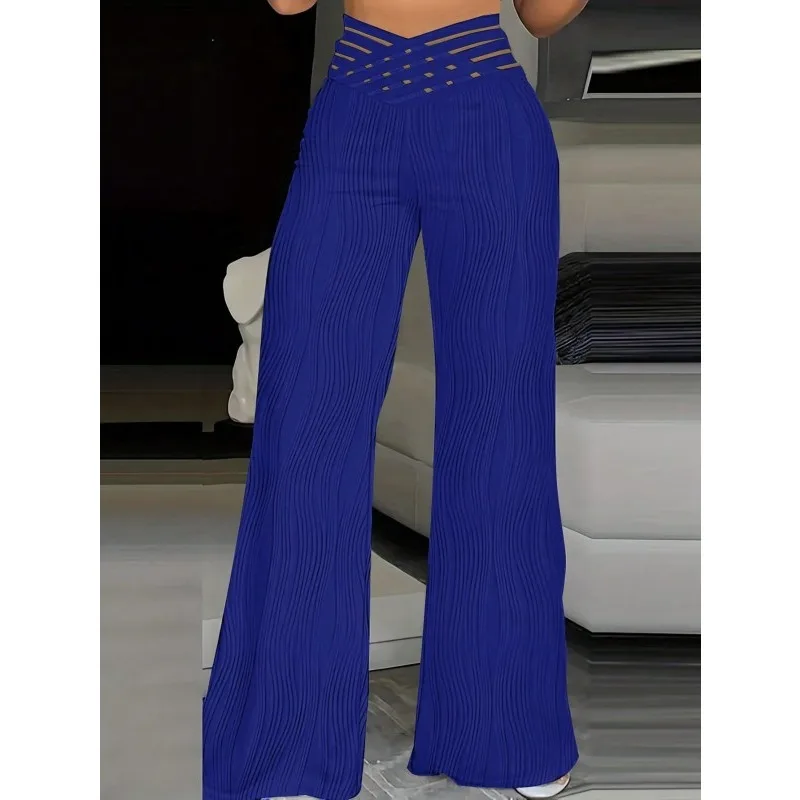 Pantalones de mujer Moda Cintura superpuesta Parche de malla transparente Casual Plain Cintura alta Pierna ancha Pantalones largos acampanados