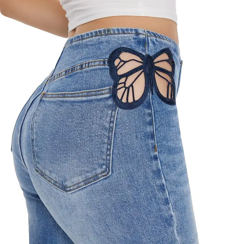 Women High Rise Stretch Flared Jeans With Butterfly Embroidery Stylish-Mid Wash | Casual Stitched Hem Trendy Jean SH25F04